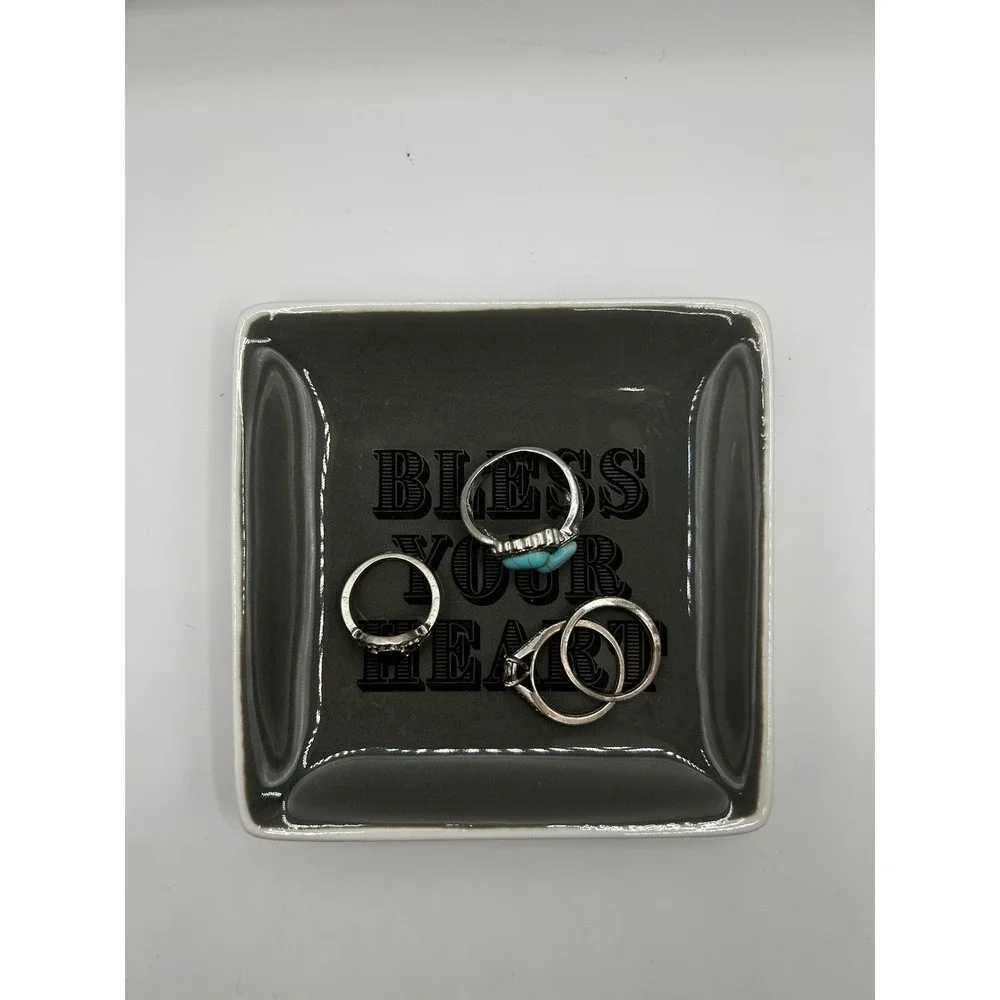Bless Your Heart Ceramic Trinket Dish Grey Square Jewelry Tray Valet Bowl